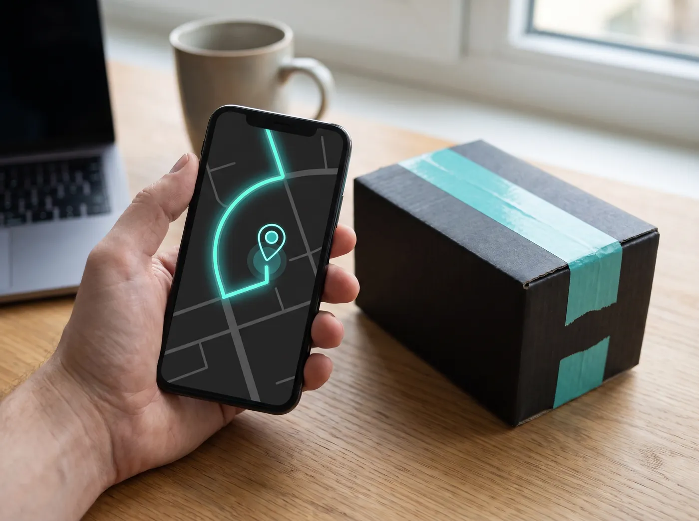 Phone showing parcel tracking beside a sealed parcel
