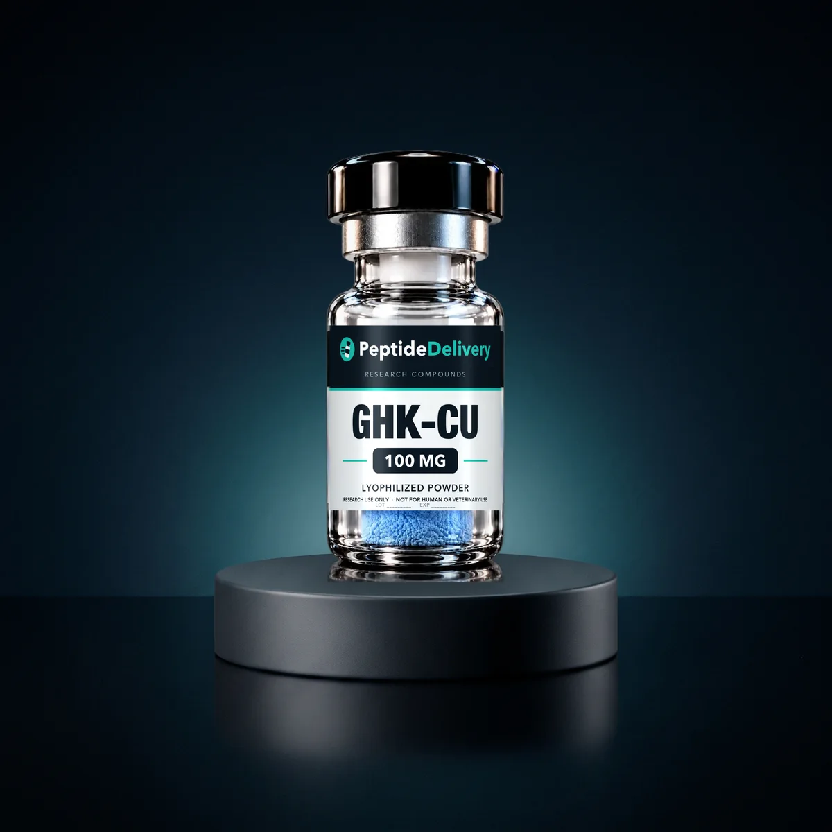 GHK-Cu research vial on a dark pedestal