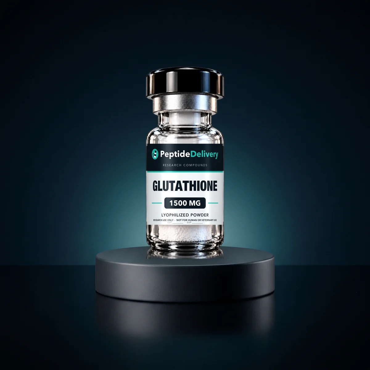 Glutathione research vial on a dark pedestal