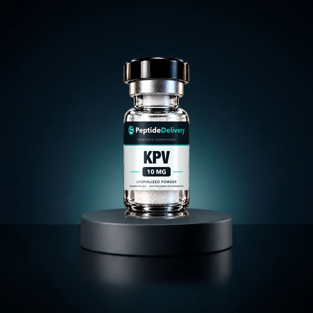 KPV research vial on a dark pedestal