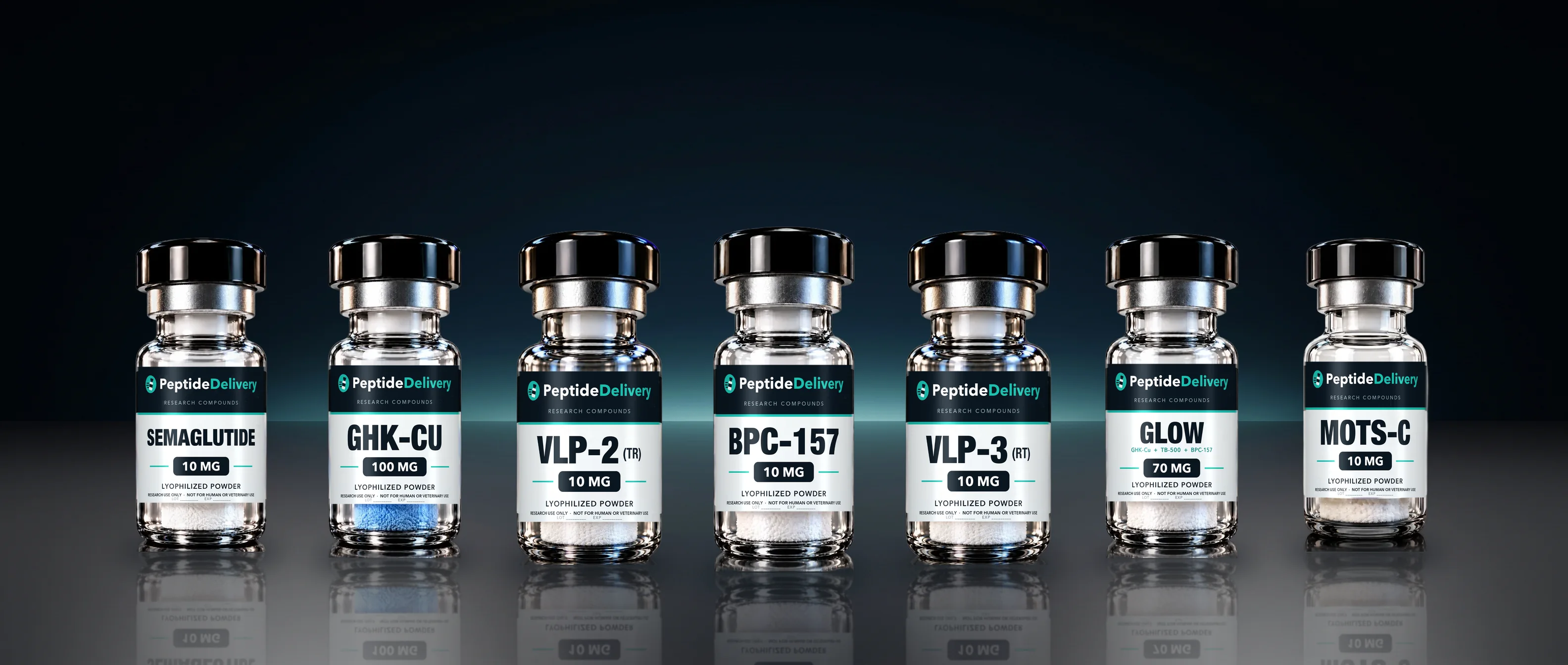 Research vials lined up on a dark reflective surface