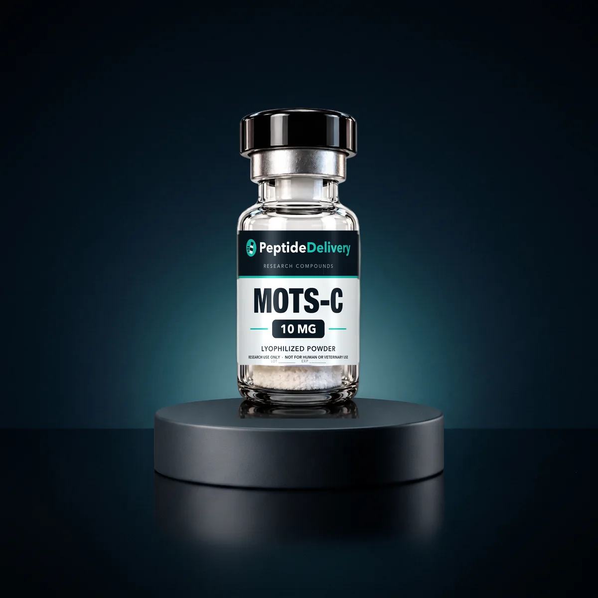 MOTS-c research vial on a dark pedestal