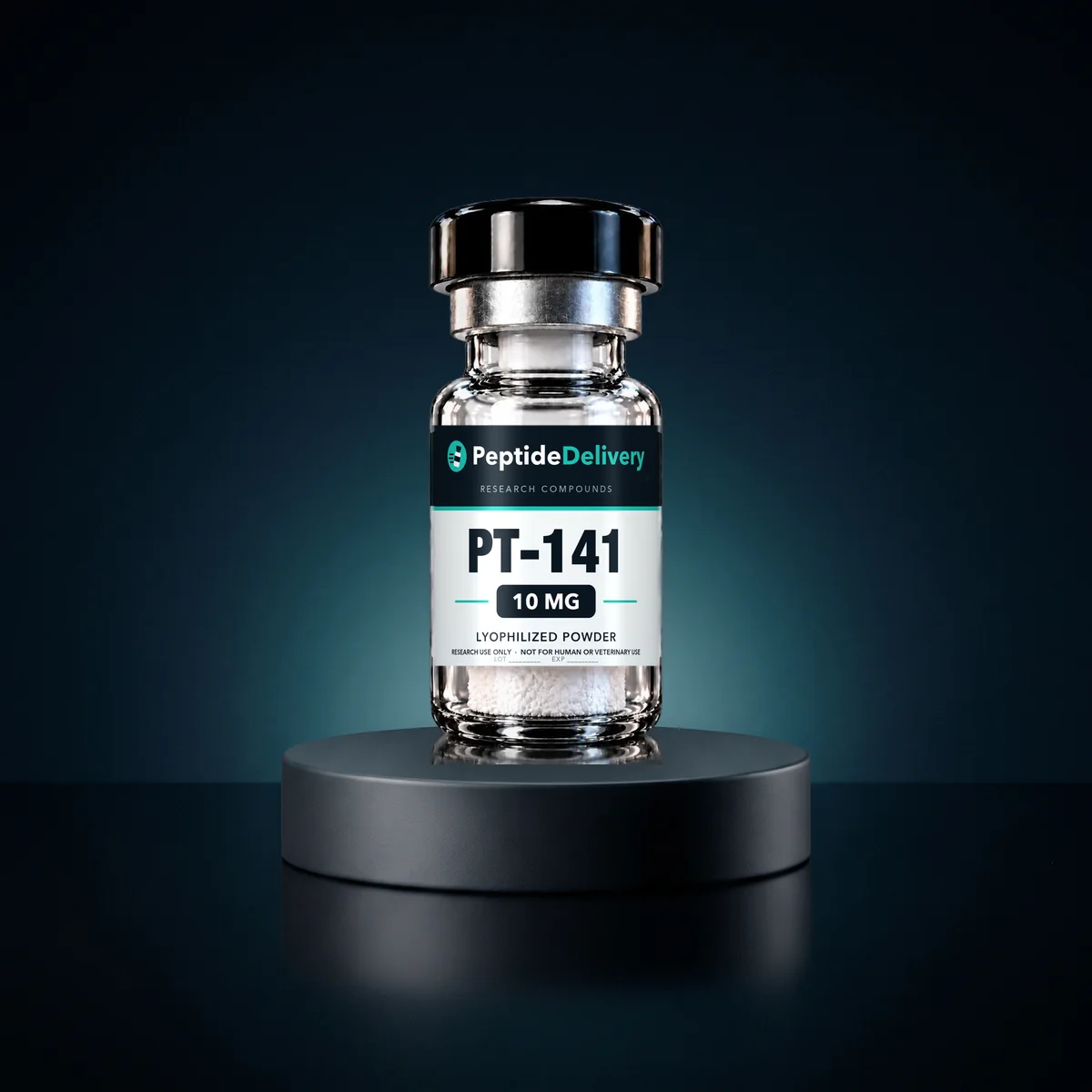 PT-141 research vial on a dark pedestal