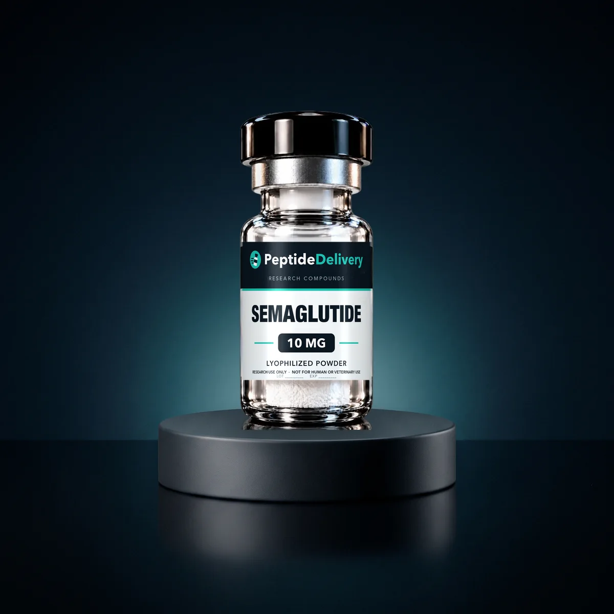 Semaglutide research vial on a dark pedestal