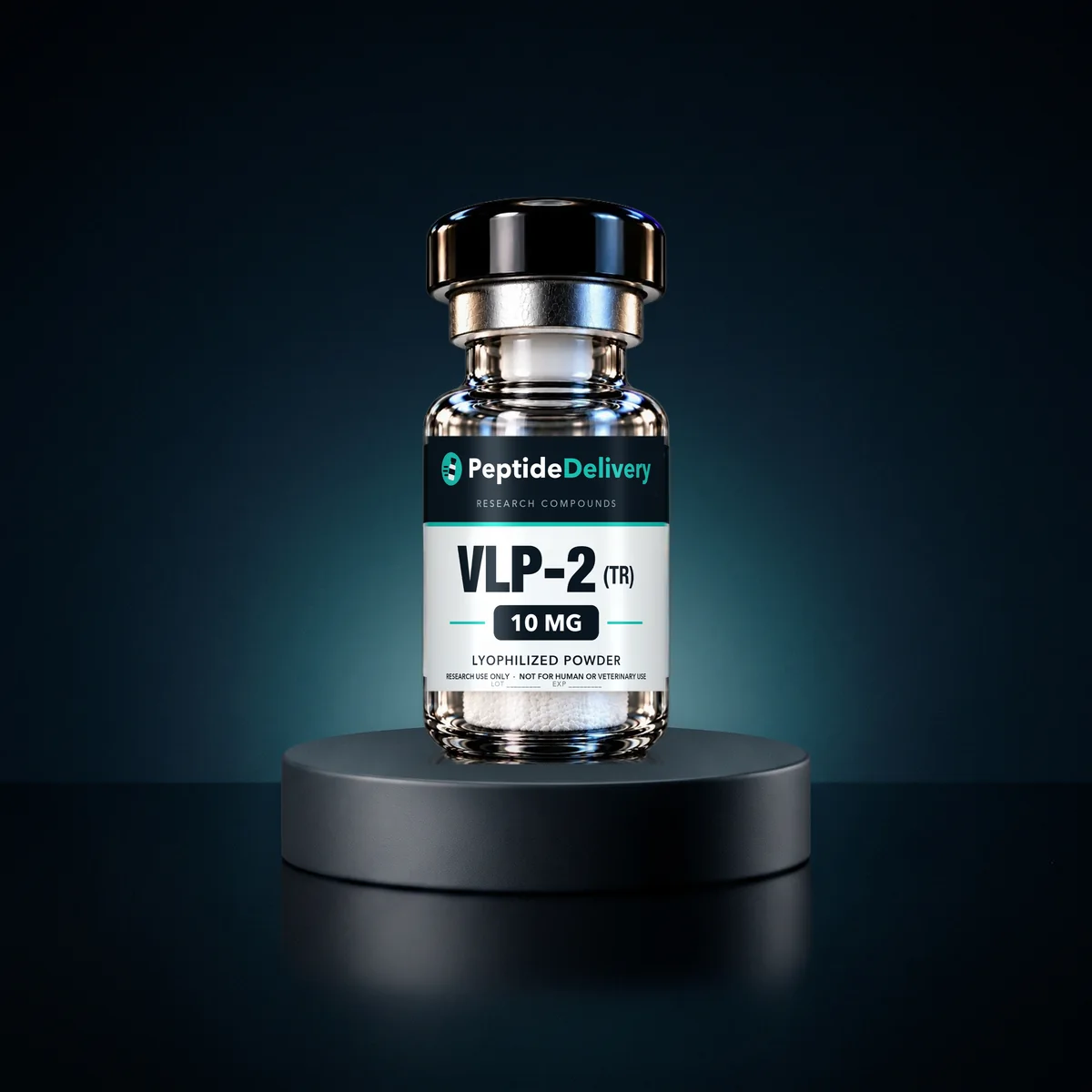 VLP-2 (TR) research vial on a dark pedestal