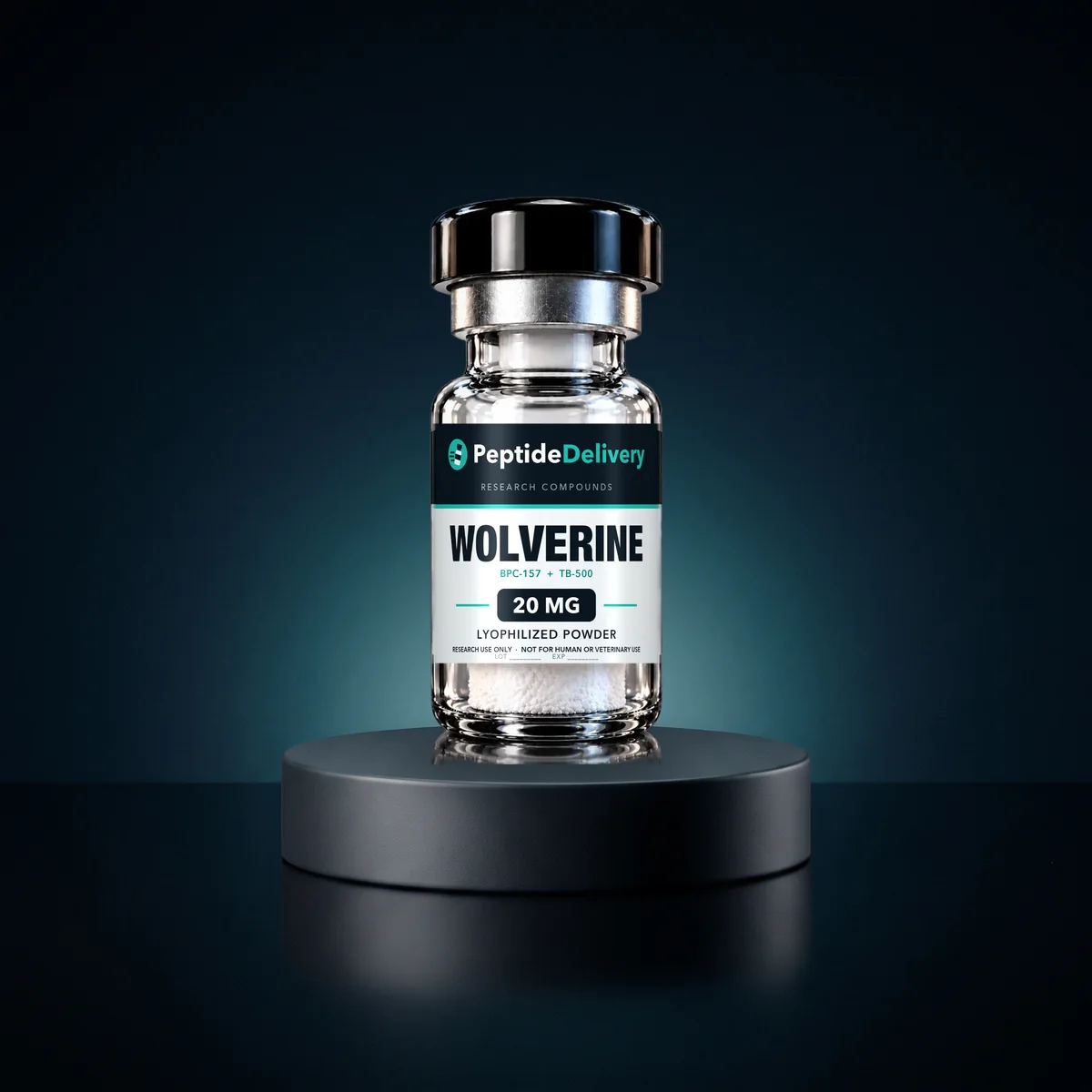 Wolverine Blend research vial on a dark pedestal